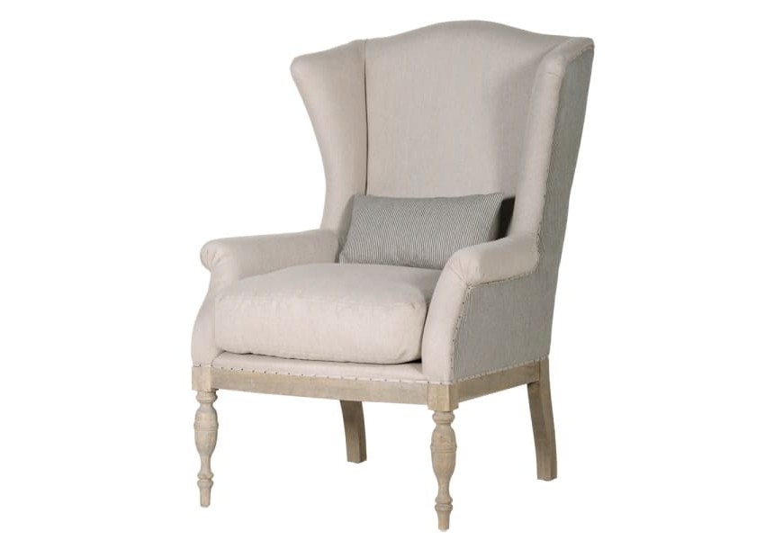 Vintage kreslo Roena do obývačky s béžovým čalúnením a s masívnymi vyrezávanými nožičkami 115cm