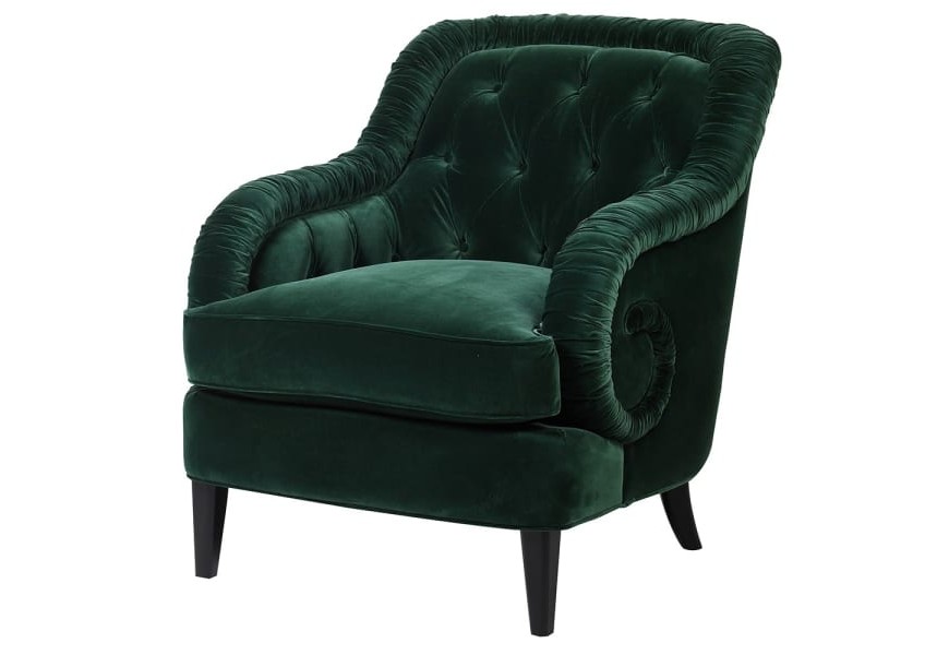 Vintage kreslo Parrel do ob&yacute;vačky s čal&uacute;nen&iacute;m tmavozelenej farby s chesterfield pre&scaron;&iacute;van&iacute;m 93cm