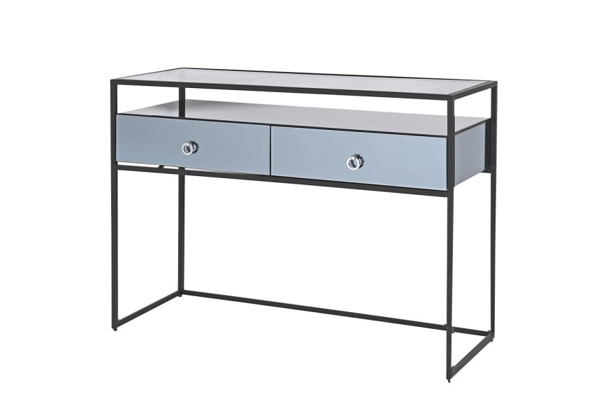 Moderná konzola Orion s kovovou konštrukciou so zrkadlovým efektom s dvomi zásuvkami a polličkou