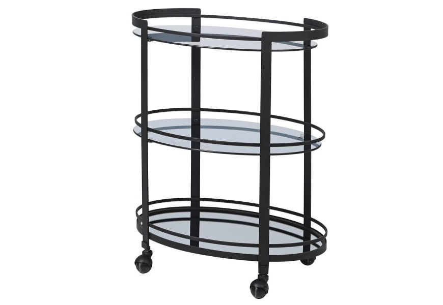 Elegantný dizajnový servírovací vozík Orion s tromi úrovňami so zrkadlovým efektom a s kovovou konštrukciou