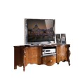 Luxusný rustikálny TV stolík z masívu Pasiones v hnedej farbe s ručne vyrezávanými detailmi a intarziou