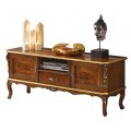 Luxusný hnedý rustikálny TV stolík z masívu Clasica s ručne vyrezávanými detailmi a intarziou