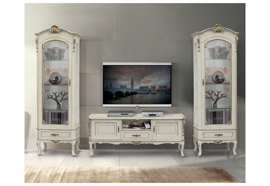 Luxusná biela rustikálna obývacia stena z masívu Clasica s ručne vyrezávanými detailmi a intarziou
