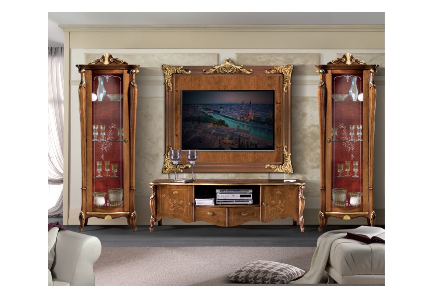 Rustikálna hnedá obývacia zostava z masívneho dreva Pasiones s ručne vyrezávanými a maľovanými detailmi