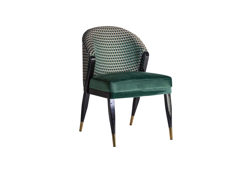 Art-deco dizajnová čalúnená jedálenská stolička Brilon s poťahom zo zamatu so vzorom zelenej farby na čierno-zlatých nohách 84cm