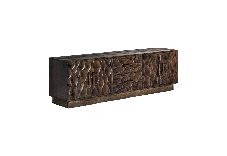 Luxusný a dizajnový masívny hnedý TV stolík Lalique z mangového dreva s dvomi zásuvkami a skrinkami