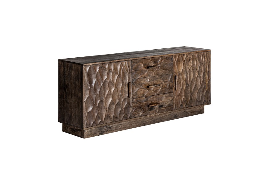 Luxusný masívny hnedý karobový príborník Lalique z mangového dreva s tromi zásuvkami a dvomi skrinkami