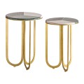 Dizajnový mramorový set sivo-zlatých kruhových príručných stolíkov Corbusier s kovovými nohami a povrchovou doskou troch farieb