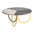 Luxusný mramorový sivo-zlatý kruhový konferenčný stolík Corbusier s kovovými nohami a povrchovou doskou troch farieb v art-deco 