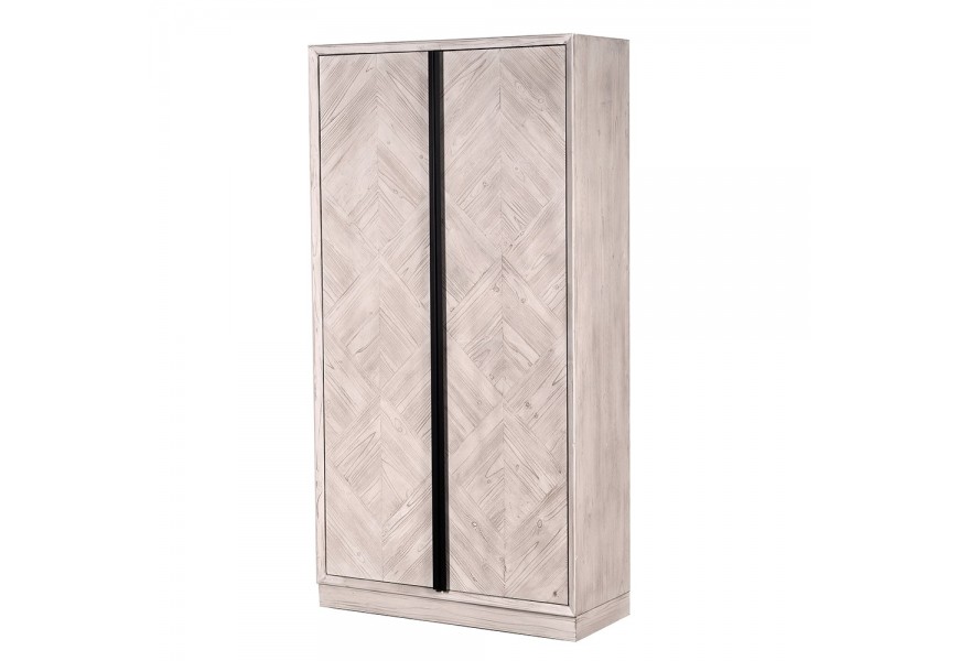 Luxusn&aacute; retro skriňa Parquet z mas&iacute;vneho dreva vo vintage bielej farbe s dvoma dvierkami s parketov&yacute;m dizajnom 192cm