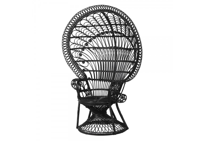 Luxusné ratanové kreslo Eladore v čiernom prevedení so vzorovanou zadnou opierkou na štýl pávieho peria