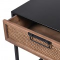 Industriálny dizajnový kovový čierno-hnedý nočný stolík Depeche s ratanovou zásuvkou s čiernou rukoväťou 50cm
