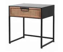 Industriálny dizajnový kovový čierno-hnedý nočný stolík Depeche s ratanovou zásuvkou s čiernou rukoväťou 50cm