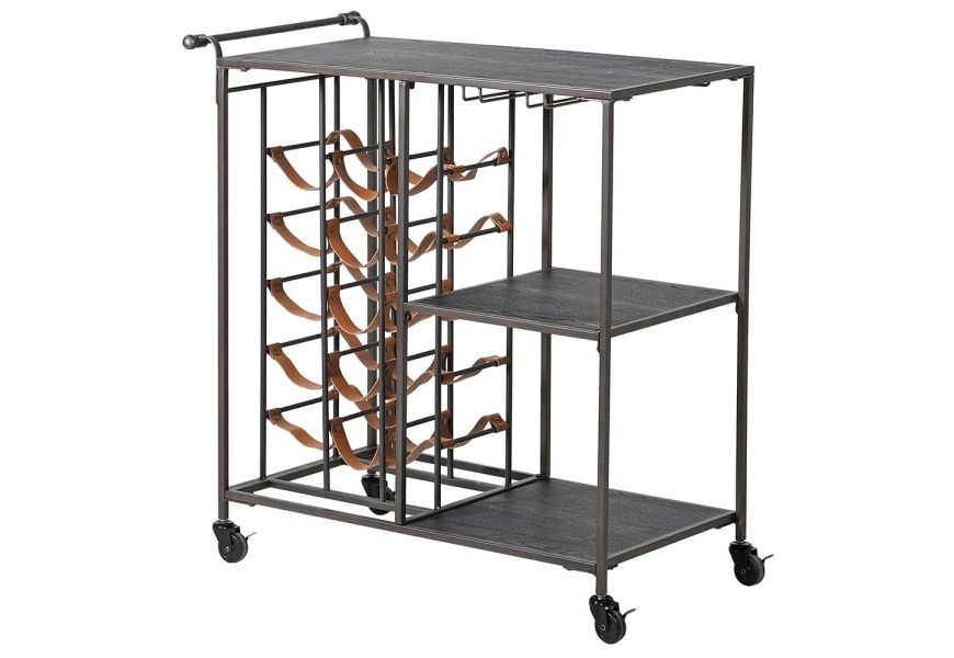 Vkusná kovová čierno-hnedá minimalistická vinotéka Albers na kolieskach v idnustrálnom prevedení s dvomi policami
