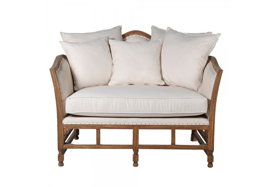 Masívna čalúnená lavica Barbadosa v koloniálnom štýle z naturálne hnedého masívu v slonovinovom čalúnení