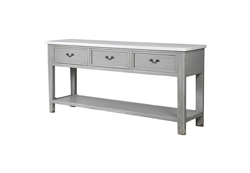 Vidiecky sivý konzolový stolík Village s mramorovou vrchnou doskou a úložným priestorom