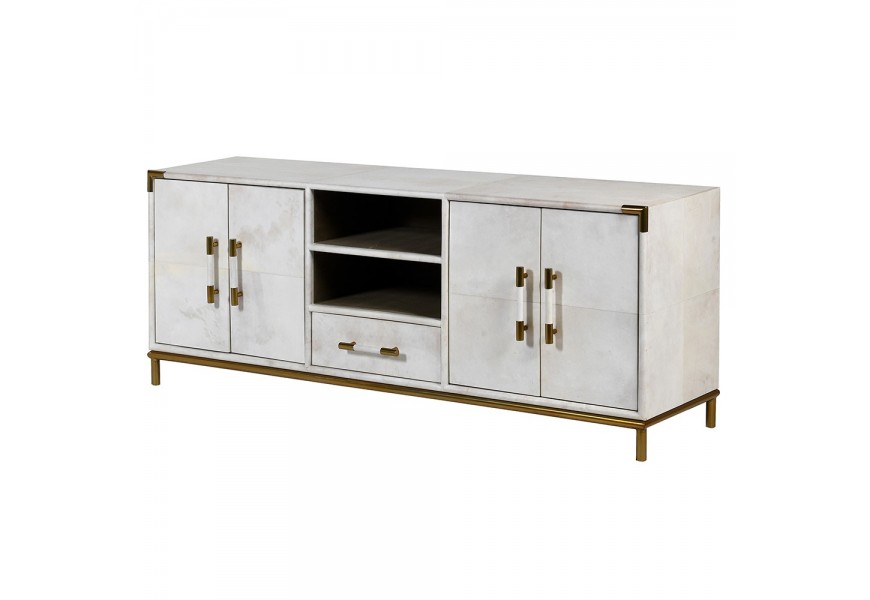 Exkluzívny kožený TV stolík Pellia Marble v art-deco štýle bielej farby s poličkami, dvierkami a zásuvkami