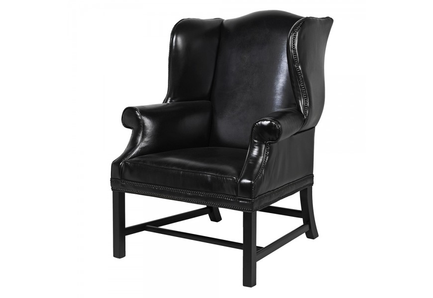 Exkluzívne čierne kreslo ušiak Pablo vo vintage štýle s ozdobnými čiernymi nitmi