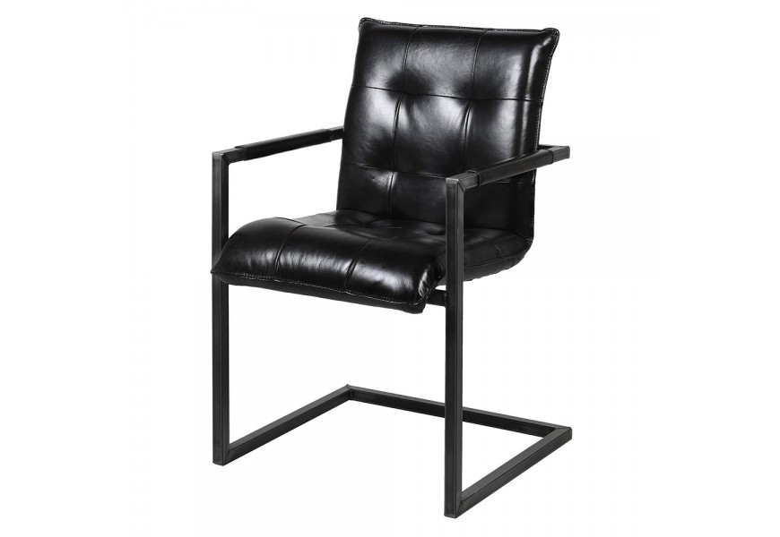 Vintage kožené čierne kreslo Sancho s čiernou kovovou asymetrickou konštrukciou