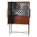 Vintage barová skrinka s vinotékou Pellia s luxusným koženým poťahom a zlatými kovovými nohami 165cm