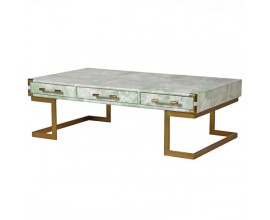 Art-deco kožený konferenčný stolík Pellia Marble do obývačky s mramorovým efektom a zlatou konštrukciou 140cm
