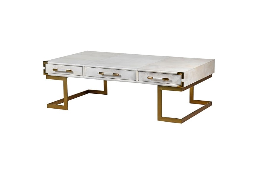 Luxusný art-deco konferenčný stolík Pellia Marble v bielej farbe s mramorovým efektom a s tromi zásuvkami