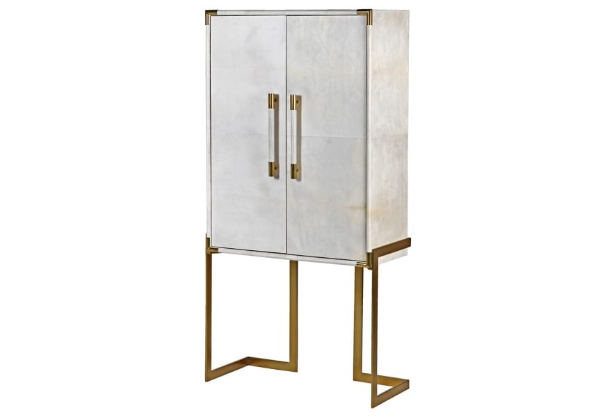 Art-deco luxusná barová skrinka Pellia Marble s poťahom z pravej kože bielej farby so zlatým zdobením 163cm