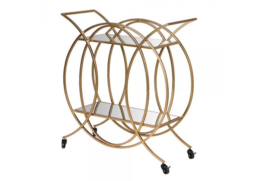 Dizajnový art-deco servírovací stolík Jeanina na koliečkach kruhového tvaru so sklenenými doskami