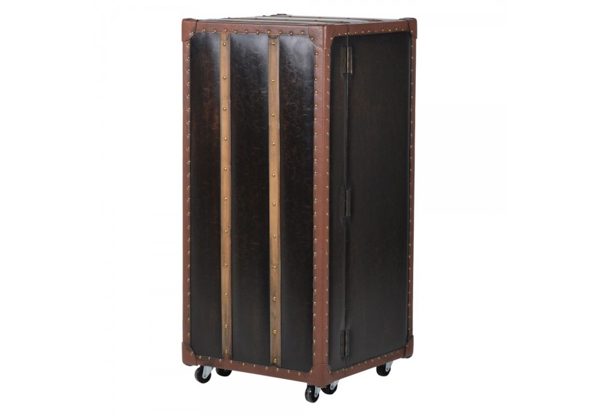 Retro kožená barová skrinka na kolieskach Capoli v hnedej farbe so zásuvkami, poličkami a vinotékou