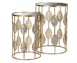 Art deco set dvoch okrúhlych príručných stolíkov Satordi zlatej farby s organickým zdobením a so zrkadlovou doskou 40cm 