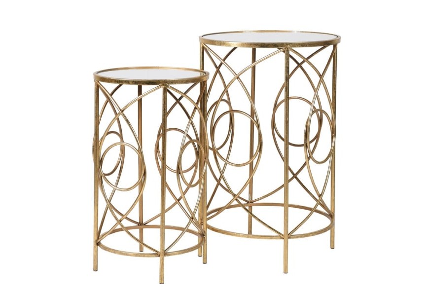 Art-deco set dvoch príručných stolíkov Satordi s kruhovou konštrukciou zlatej farby a so zrkadlovou povrchovou doskou