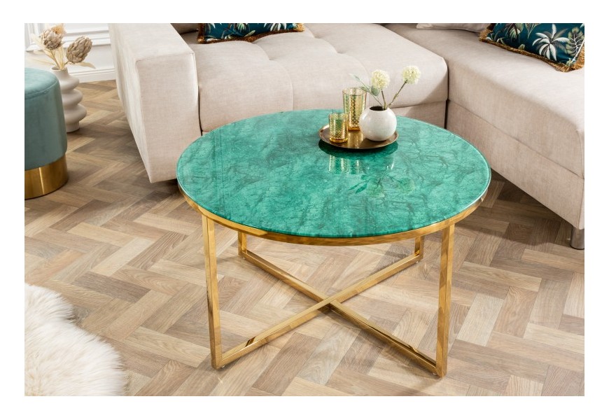 Smaragdovo zelený konferenčný stolík Gold Marbleux v štýlovom art-deco prevedení s kovovými nožičkami zlatej farby