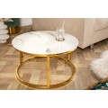 Art-deco biely mramorový príručný stolík Gold Marbleux v okrúhlom tvare s konštrukciou v zlatej farbe