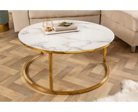 Dizajnový konferenčný stolík Gold Marbleux s okrúhlou modernou vrchnou doskou s mramorovým vzhľadom a zlatou podstavou 80cm
