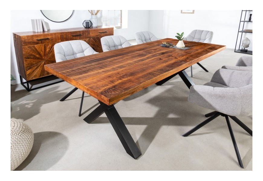 Industriálny masívny jedálenský stôl Fair Heaven z mangového dreva a prekríženými nožičkami
