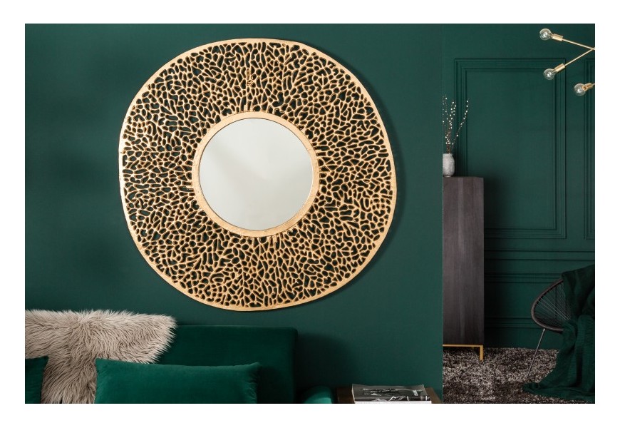 Elegantné nástenné zrkadlo Hoja s ozdobným okrúhlym rámom z kovu v zlatej farbe
