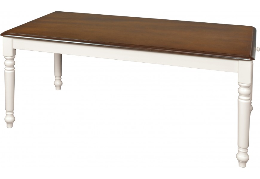 Exkluzívny provensálsky masívny jedálenský stôl Felicita s hnedou povrchovou doskou a bielymi nohami s vyrezávaním