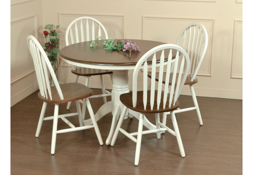 Provensálsky okrúhly jedálenský stôl Felicita v hnedo-bielej farbe s vyrezávanými prvkami 106cm