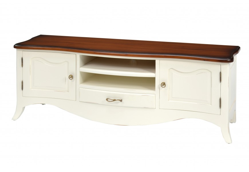 Masívny mahagónový provensálsky televízny stolík s bielym náterom a úložným priestorom 150cm