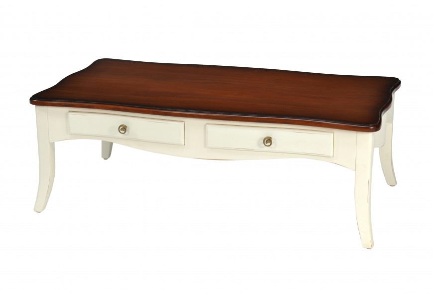 Konferenčný stolík Deliciosa v bielej farbe v provensálskom štýle z masívneho mahagónového dreva a zásuvkami