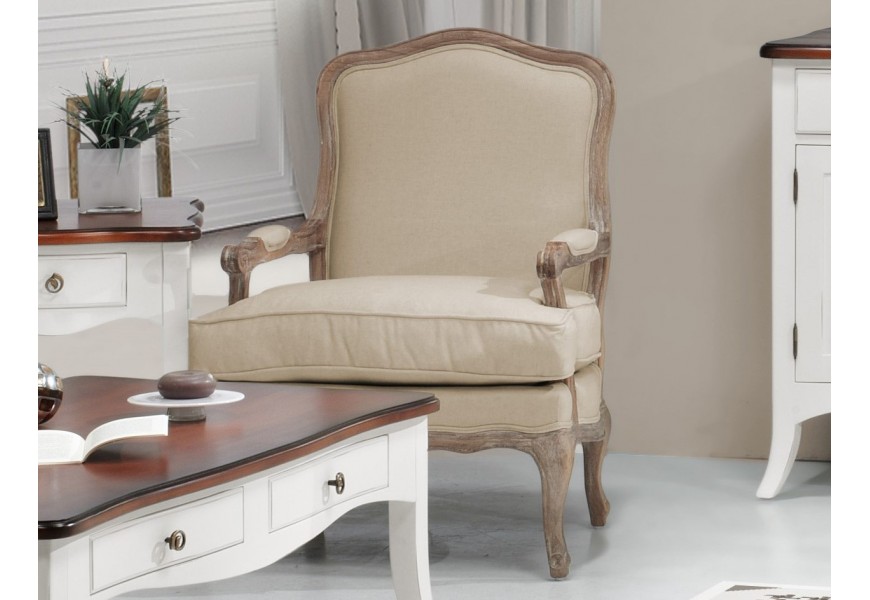 Luxusné čalúnené provensálske kreslo Deliciosa s masívnou konštrukciou a podsedákom v béžovom prevedení 96cm