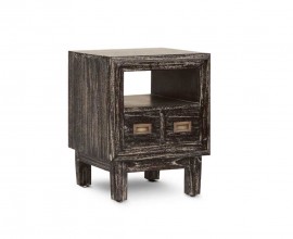 Vkusný hnedý drevený štvorcový nočný stolík Sindoro na nožičkách so zásuvkami z masívu mindi v koloniálnom štýle
