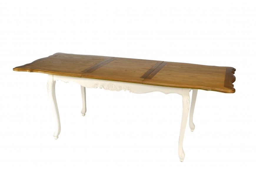 Drevený rozkladací bielo hnedý jedálenský stôl Preciosa s ručne vyrezávanými nohami z mahagónového masívu v štýle provance