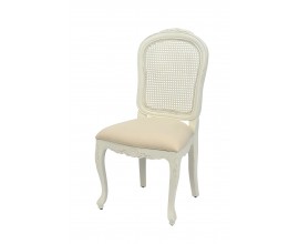 Provensálska masívna biela jedálenská stolička Preciosa s látkovou sedacou časťou a operadlom z ratanu s mahagónovým telom 99cm