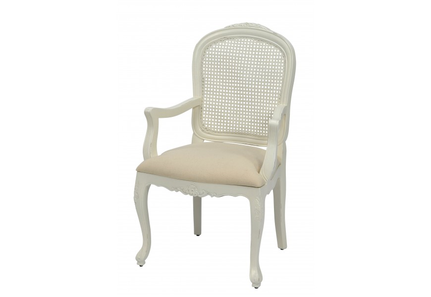 Provensálska masívna stolička Preciosa v smotanovo bielej farbe s krémovým čalúnením so zaoblenými opierkami a nožičkami 99cm