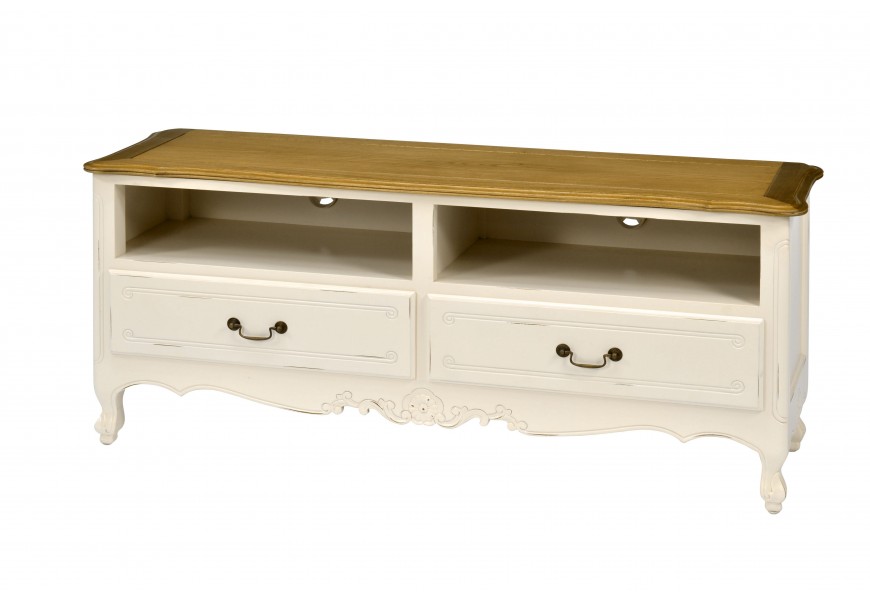 Drevený provensálsky obdĺžnikový TV stolík Preciosa do obývačky v krémovo bielej farbe s ručne vyrezávanými dekoráciami 135cm