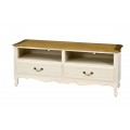 Drevený provensálsky obdĺžnikový TV stolík Preciosa do obývačky v krémovo bielej farbe s ručne vyrezávanými dekoráciami 135cm
