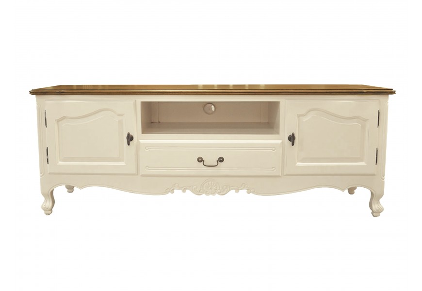 Exkluzívny provensálsky TV stolík z masívu Preciosa v krémovo bielej farbe so zdobenými nožičkami a hnedou doskou