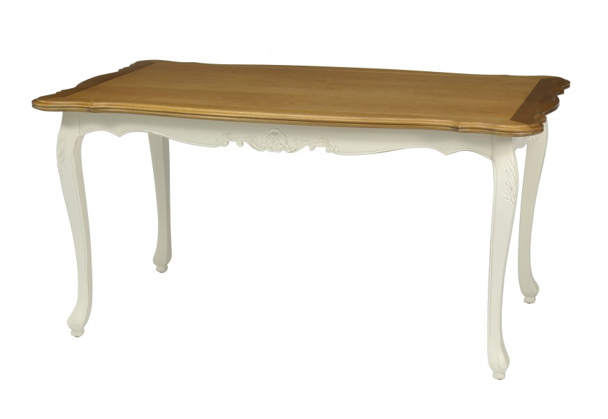 Masívny provensálsky obdĺžnikový jedálenský stôl Preciosa v krémovo bielej farbe s tvarovanou vrchnou doskou a nožičkami 160cm 