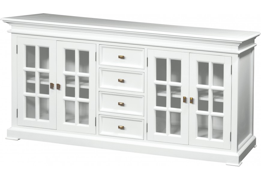 Rustikálny biely príborník Belliene z masívneho dreva obdĺžnikového tvaru bielej farby so sklenenými dvierkami a zásuvkami